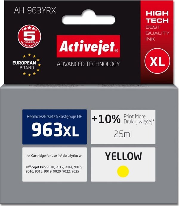 Activejet Μελάνι AH-963YRX για HP 963XL (3JA29AE) - Συμβατό Inkjet Cartridge, Υψηλή Απόδοση XL, Κίτρινο, 1760 Σελίδες
