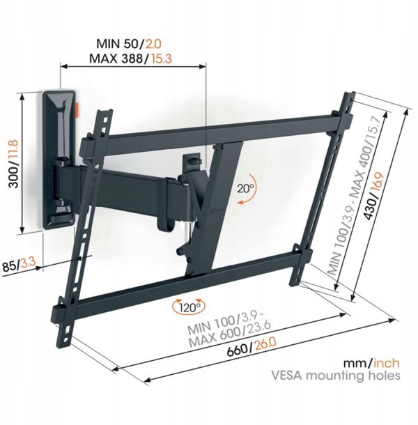 Βάση τοίχου TVM 3625 Comfort με κίνηση 40-77" 35kg
