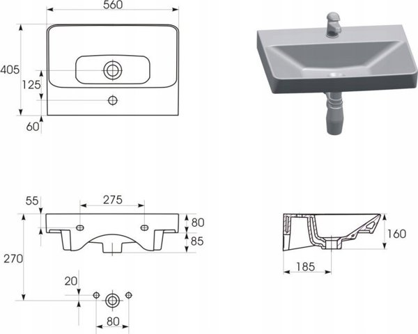 Νιπτήρας Cersanit K675-001 ΝΙΠΤΗΡΑΣ ΕΠΙΠΛΩΝ MILLE 56X40 BOX CERSANIT // CE.KRMIL.U-560-MEBL