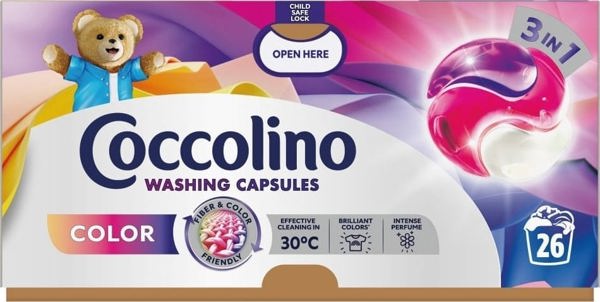 Unilever COCCOLINO Κάψουλες 3σε1 για πλύσιμο χρωματιστών υφασμάτων (26 πλύσεις) 449.8 g