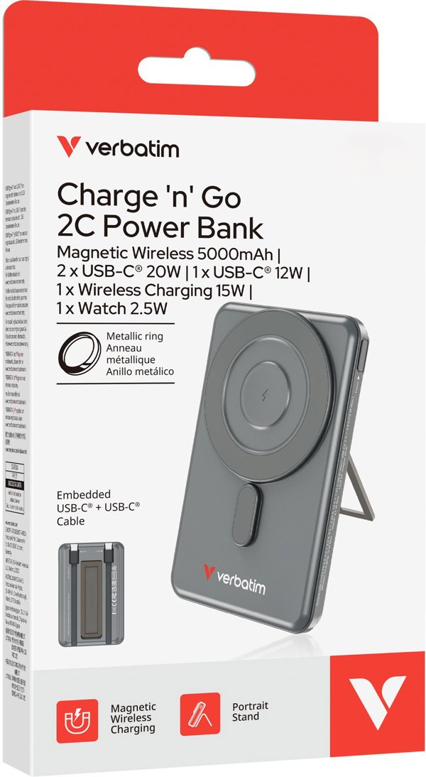 Verbatim Charge´n´Go 2C 5000mAh magn. PB grau inkl.2 Kabel 32251