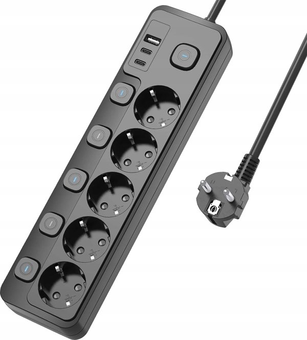 Viking Viking síťová prodlužovací zásuvka YC53S, 5x AC 230V, 1x USB-A, 2x USB-C, επιφάνεια ON/OFF, μήκος 1,5 m, μαύρο 14221883 8595656504207
