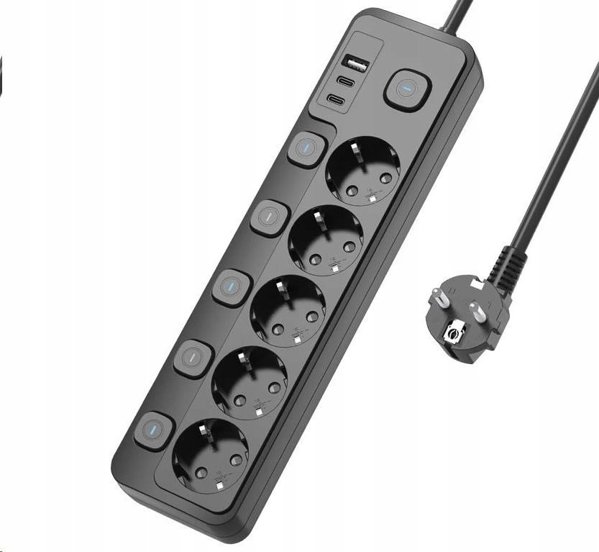 Viking Viking síťová prodlužovací zásuvka YC53S, 5x AC 230V, 1x USB-A, 2x USB-C, επιφάνεια ON/OFF, μήκος 1,5 m, μαύρο 14221883 8595656504207