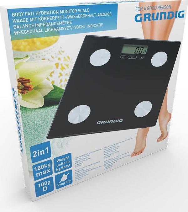 Grundig Ηλεκτρονική Ζυγαριά Μπάνιου με Λιπομετρητή, Ανάλυση Σωματικού Βάρους, ΔΜΣ & Μνήμη 12 Χρηστών, Έως 180kg, Μαύρη