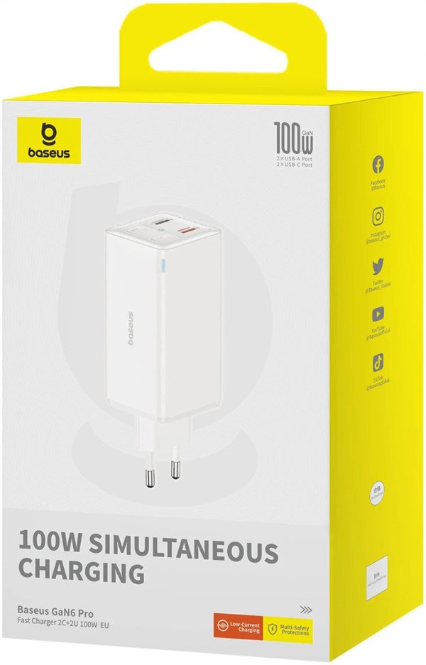 Wall charger Baseus GaN6 Pro 2xUSB-C + 2xUSB, 100W (white)