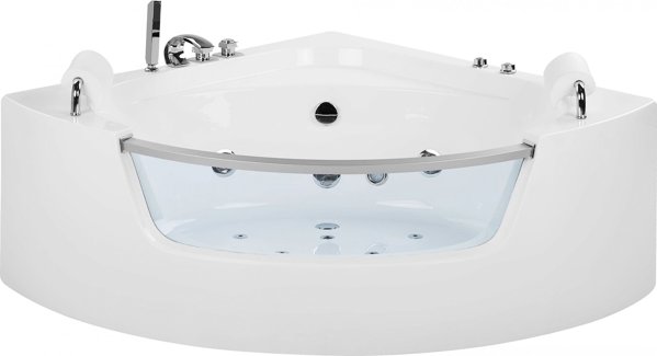Γωνιακή μπανιέρα Beliani με LED και υδρομασάζ 150 x 150 cm λευκή MANGLE