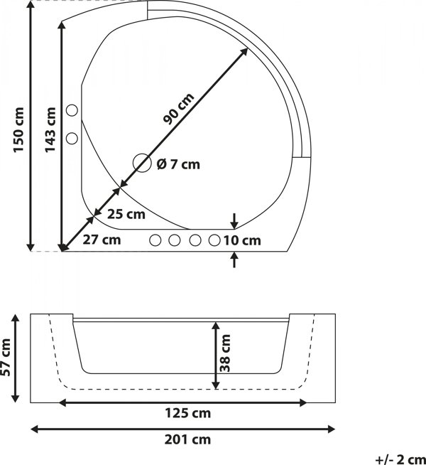 Γωνιακή μπανιέρα Beliani με LED και υδρομασάζ 150 x 150 cm λευκή MANGLE