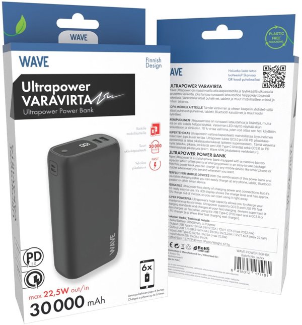 Wave Ultrapower φορητός φορτιστής, 30,000 mAh, μαύρο