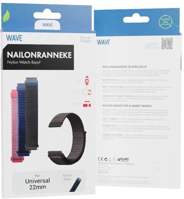 Λουράκι νάιλον Wave, 22 mm για έξυπνα ρολόγια και αθλητικά ρολόγια, μαύρο
