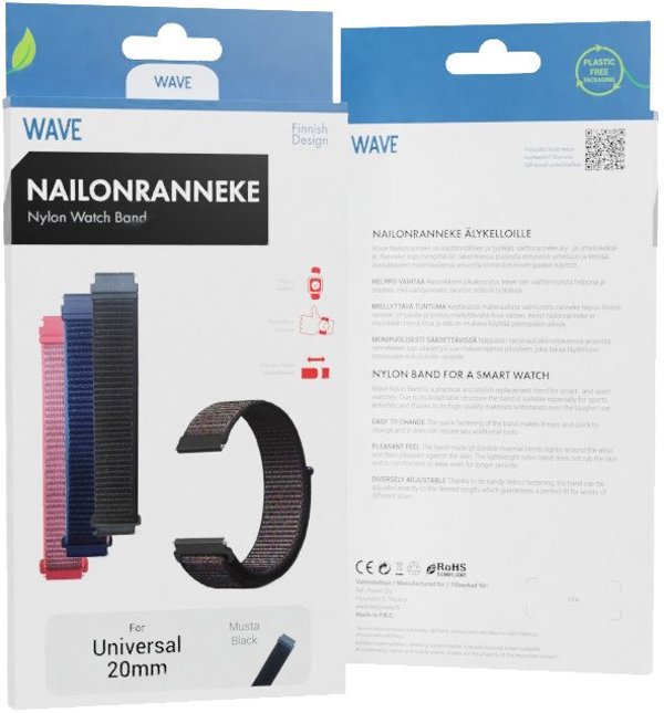 Λουράκι νάιλον Wave, 20 mm για έξυπνα ρολόγια και αθλητικά ρολόγια, μαύρο