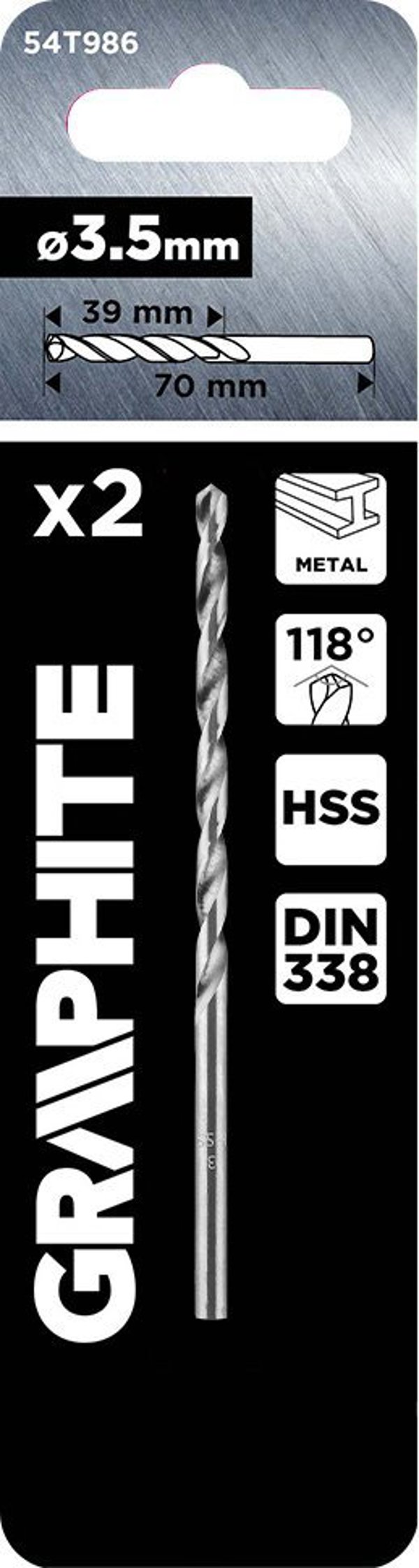 Graphite Τρυπάνι Μετάλλου HSS DIN 338, 3.5mm, 2 Τεμάχια