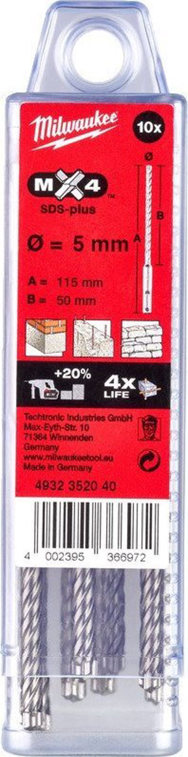 Τρυπάνι Milwaukee SDS Plus MX4 5x115/50mm, (4 σκληρές πλάκες), Milwaukee (10PCS)