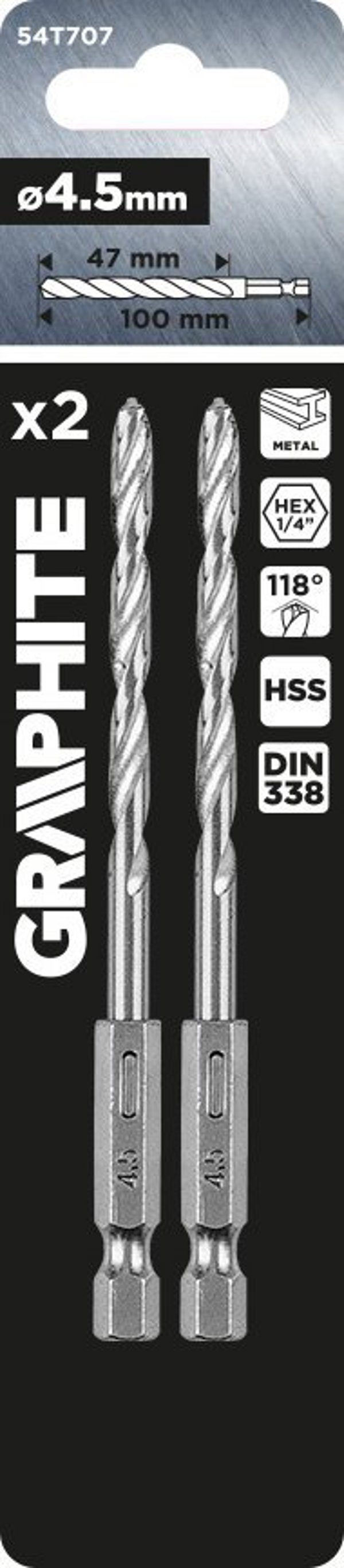 Graphite Τρυπάνι για Μέταλλο Hex 4.5mm, 2 Τεμάχια