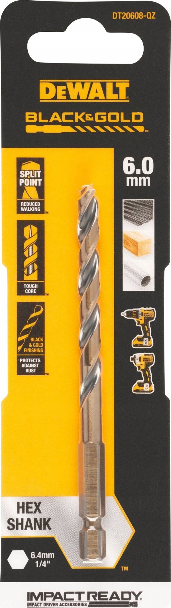 Τρυπάνι DeWalt τρυπάνι 6.0mm μαύρο και χρυσό εξάγωνο