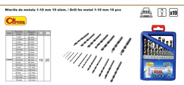 Τρυπάνι Corona HSS κυλινδρικό 1,5 2 7 4,5 4 5,5 5 1 3 2,5 3,5 6 10 6,5 7,5 8 8,5 9 9,5mm σετ (C9405)