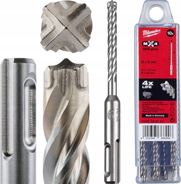 Τρυπάνι Milwaukee Drill bit SDS Plus MX4 6x115/50mm, (4 σκληρές πλάκες), Milwaukee (10PCS)