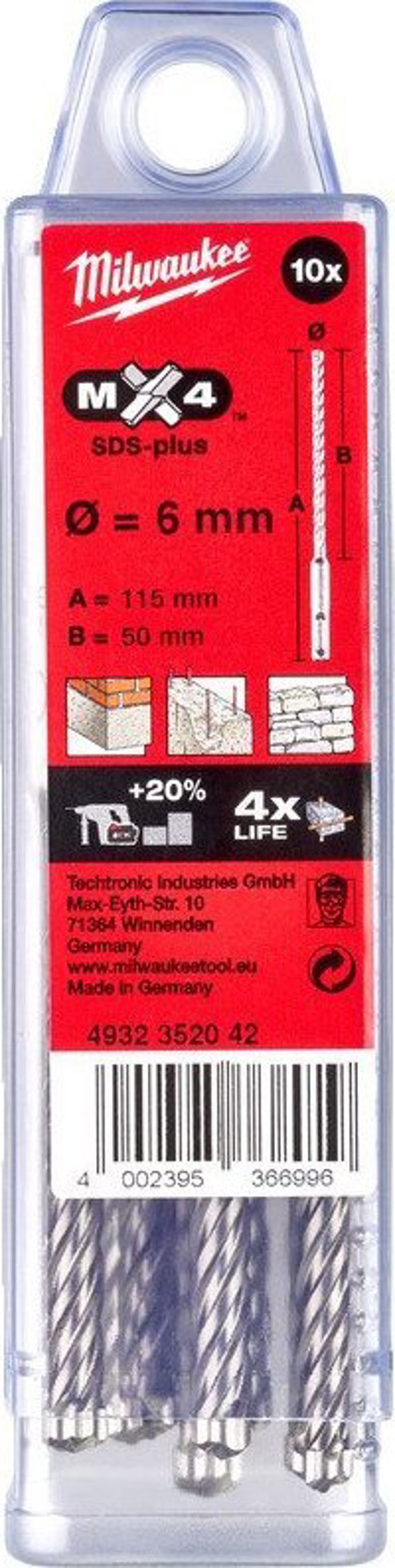 Τρυπάνι Milwaukee Drill bit SDS Plus MX4 6x115/50mm, (4 σκληρές πλάκες), Milwaukee (10PCS)