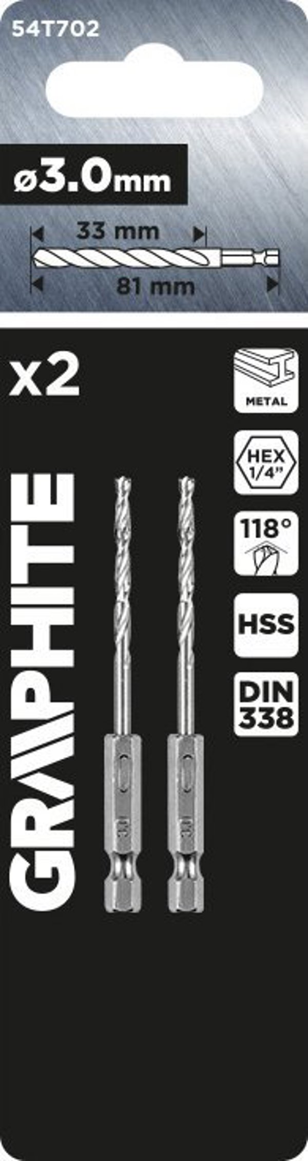 Graphite Τρυπάνι για Μέταλλο Hex 3.0mm, Σετ 2 Τεμαχίων