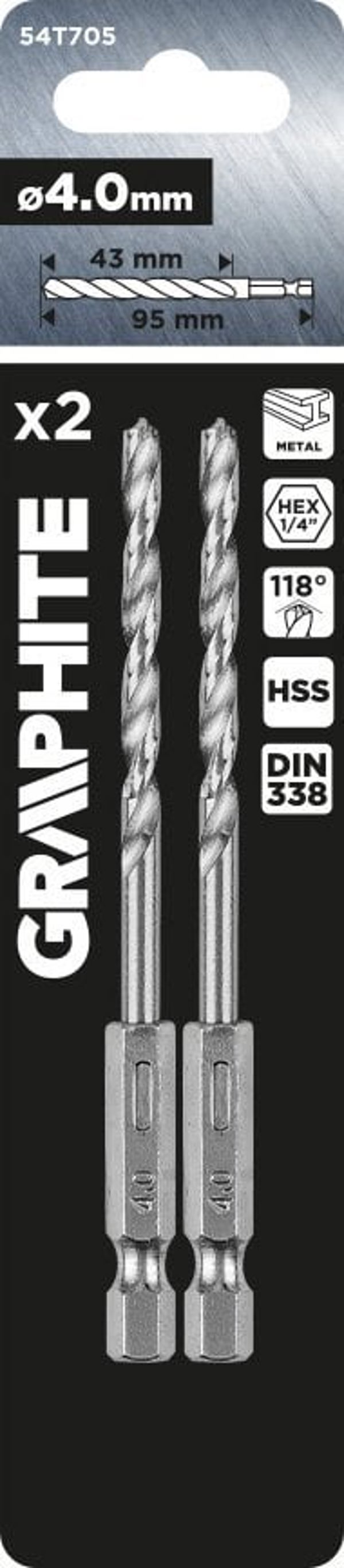 Graphite Τρυπάνι για Μέταλλο Hex 4.0mm, 2 Τεμάχια