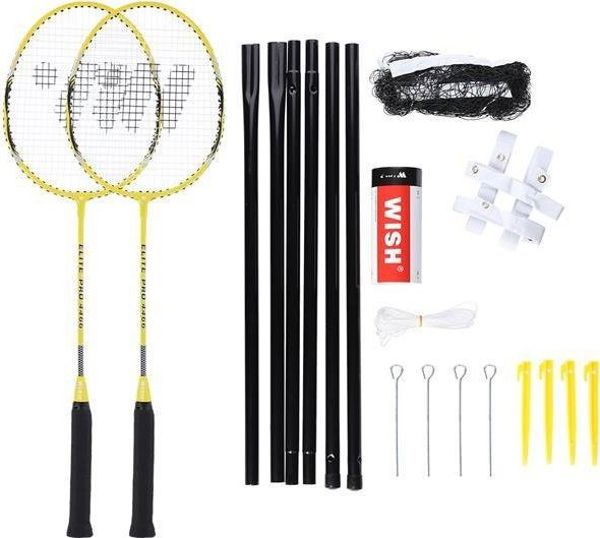 WISH Alumtec 4466 Σετ Ρακέτες Μπάντμιντον - 4 Ρακέτες, Φτερά, Δίχτυ & Γραμμές Γηπέδου, Κίτρινο