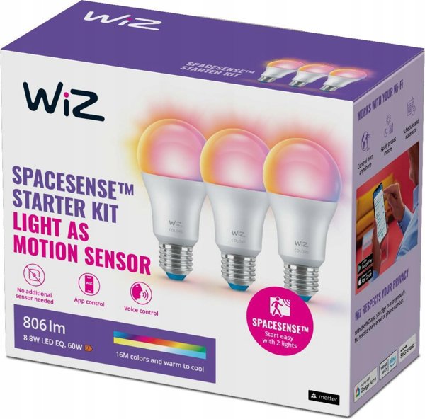 WiZ WiZ,Λάμπα,8,8W,2200-6500 (RGB),A60,E27,3 τεμάχια πηγή φωτός