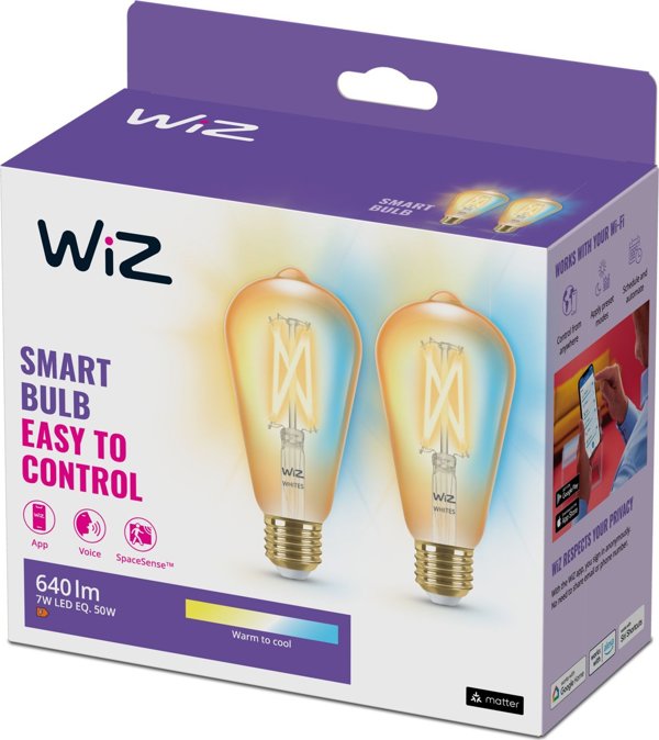 WiZ WiZ,ST64 Edison,7W,2000-5000,ST64,E27,2 τμχ πηγή φωτός 13215927 8719514551077