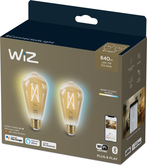 WiZ WiZ,ST64 Edison,7W,2000-5000,ST64,E27,2 τμχ πηγή φωτός 13215927 8719514551077