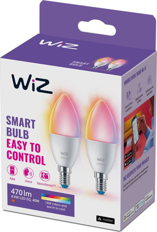 WiZ WiZ,Κερί,4,9W,2200-6500 (RGB),C37,E14,2 τεμ πηγή φωτός