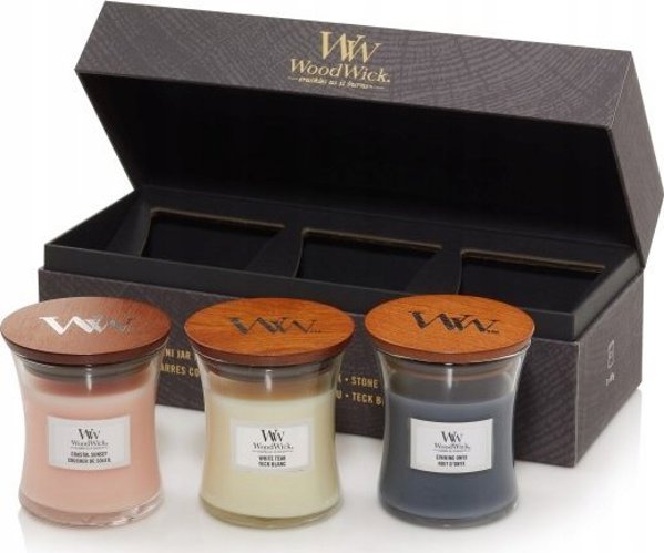 Σετ δώρου WoodWick WoodWick 3 μικρά κεριά (βραδινός όνυχας, ηλιακό υλάνγκ, παραθαλάσσιο ηλιοβασίλεμα) 12241178 5038581150147