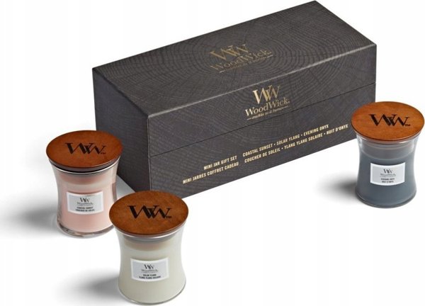 Σετ δώρου WoodWick WoodWick 3 μικρά κεριά (βραδινός όνυχας, ηλιακό υλάνγκ, παραθαλάσσιο ηλιοβασίλεμα) 12241178 5038581150147