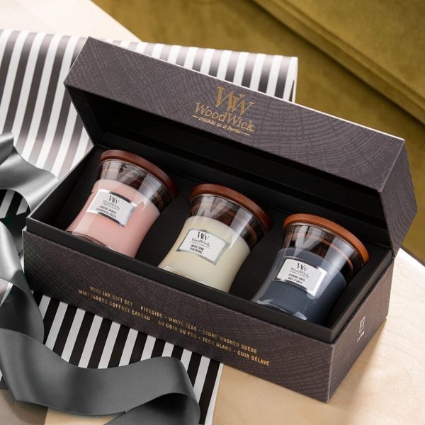 Σετ δώρου WoodWick WoodWick 3 μικρά κεριά (βραδινός όνυχας, ηλιακό υλάνγκ, παραθαλάσσιο ηλιοβασίλεμα) 12241178 5038581150147