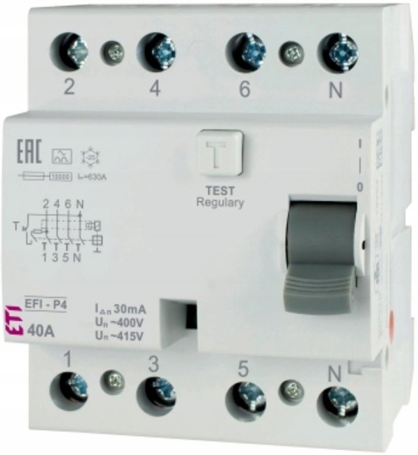 Διακόπτης διαρροής ETI Polam EFI6-P4 002061662 3φάσεων 40A 30MA τύπου A 415V 50/60HZ IP20 TH35