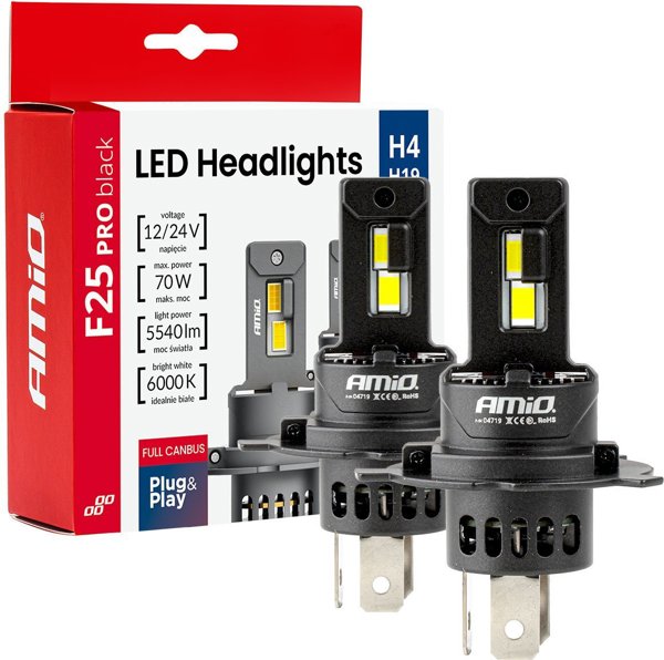 Led αυτοκινήτου λάμπες σειρά f25 pro black full canbus h4 h19 70w 12v 24v amio-04719