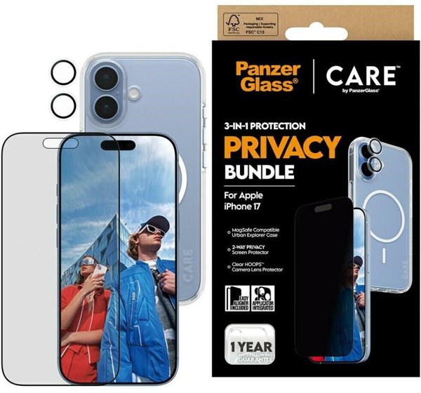 Σετ προστασίας CARE by PanzerGlass Flagship Privacy 3 σε 1 Θήκη+Γυαλί Ιδιωτικότητας+Φακός για iPhone