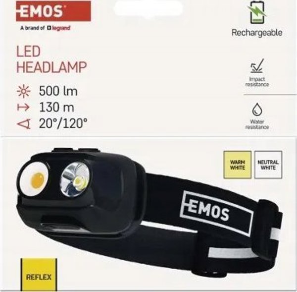 Φακός κεφαλής επαναφορτιζόμενος, LED, 500lm, Li-pol 1200 mAh, EMOS