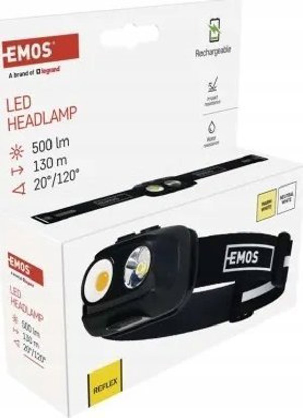 Φακός κεφαλής επαναφορτιζόμενος, LED, 500lm, Li-pol 1200 mAh, EMOS