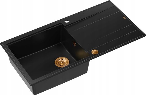 Νεροχύτης GraniteQ EVAN 111 GraniteQ νεροχύτης με σιφόνι Push 2 Open 1-θέσιος χωρίς αποστράγγιση (860x500x210) καθαρός άνθρακας / χάλκινα στοιχεία