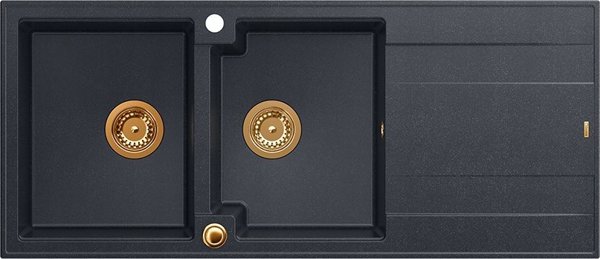 Νεροχύτης GraniteQ EVAN 121 GraniteQ νεροχύτης με σιφόνι Push To Open 2-θέσεων χωρίς αποστράγγιση (1160x500x210| θάλαμος 420x340) μαύρο διαμάντι / χάλκινα στοιχεία