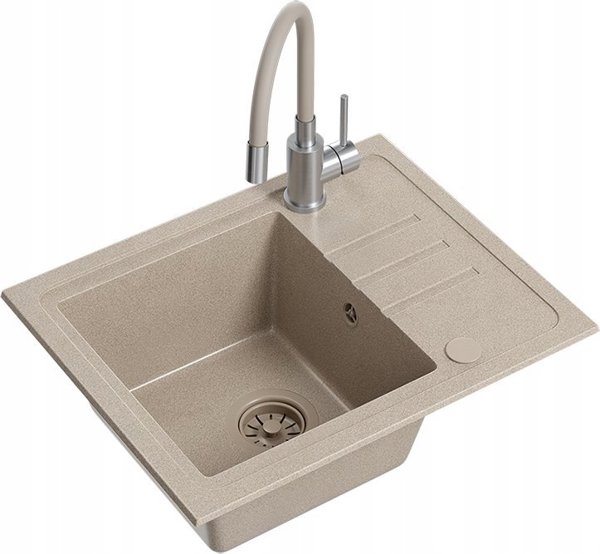 Νεροχύτης BEN 116 γρανιτένιος νεροχύτης river sand 55x44 με μπεζ μπαταρία με εύκαμπτο στόμιο, με μπεζ σιφόνι και μπεζ τάπα