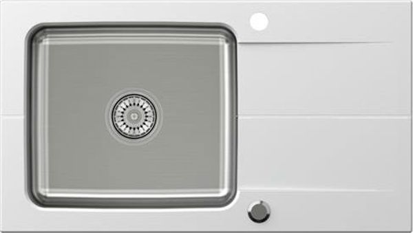 Νεροχύτης Steiner EDWARD 111 Fusion λευκός 780*440 με χειροκίνητο σιφόνι σετ με μπαταρία Maggie