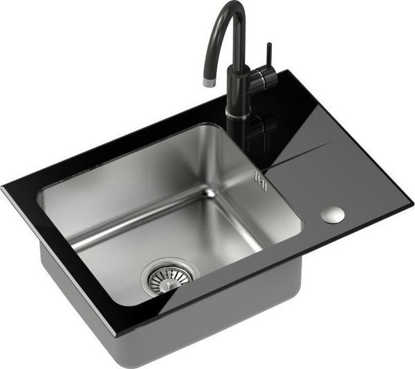 Steiner Hugh 116 Νεροχύτης Κουζίνας Ανοξείδωτος με Μαύρη Γυάλινη Επιφάνεια & Μπαταρία, Αναστρέψιμος