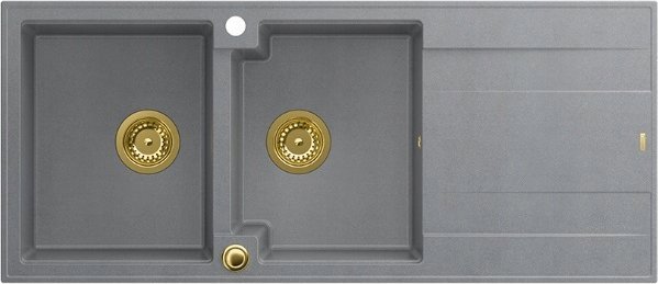 Νεροχύτης GraniteQ EVAN 121 GraniteQ νεροχύτης με σιφόνι Push To Open 2-θέσιος χωρίς αποστράγγιση (1160x500x210| θάλαμος 420x340) ασημένια πέτρα / χρυσά στοιχεία