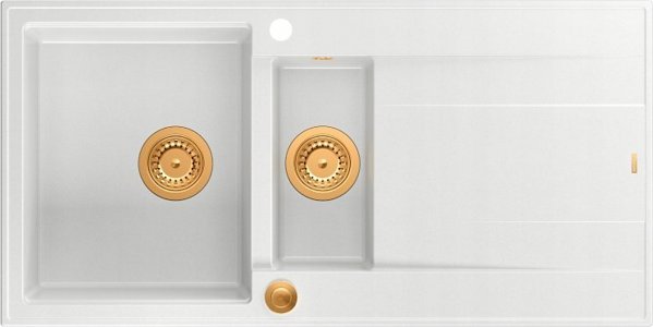 Νεροχύτης GraniteQ EVAN 156 GraniteQ νεροχύτης με σιφόνι Push To Open 1,5-θέσεων χωρίς οπή (1000x500x210| θάλαμος 420x480) χιονάτη λευκή / χάλκινα στοιχεία