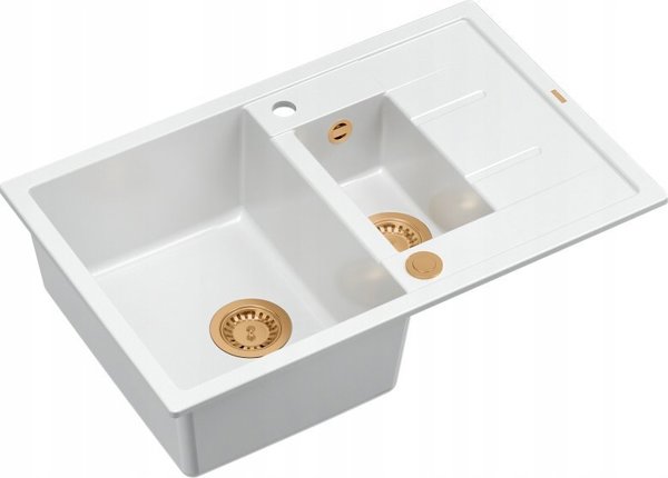 Νεροχύτης GraniteQ MORGAN 156 GraniteQ νεροχύτης snow white με σιφόνι Push To Open στρογγυλός 1,5-θέσεων με/χωρίς / χάλκινα στοιχεία