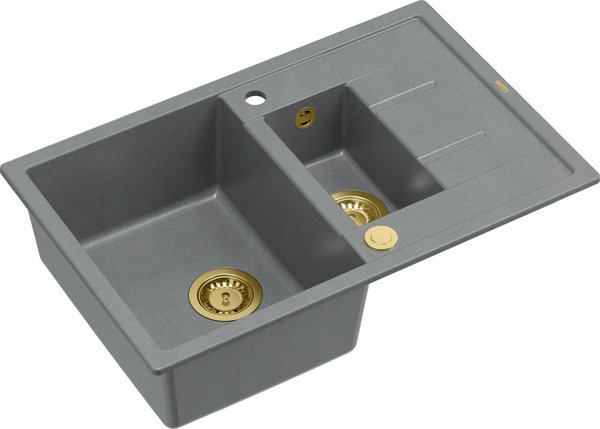 Νεροχύτης GraniteQ MORGAN 156 GraniteQ νεροχύτης silver stone με σιφόνι Push To Open στρογγυλός 1,5-θαλάμων με/χωρίς / χρυσά στοιχεία