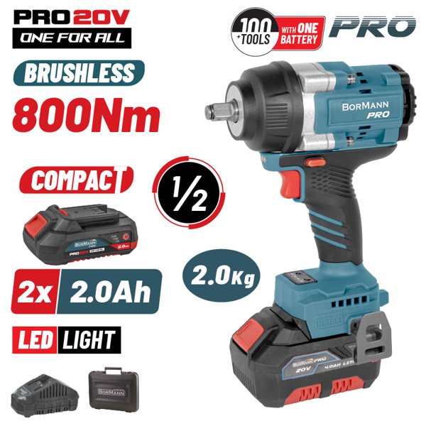 BORMANN Pro BBP5386X22C Μπουλονόκλειδο Brushless Mπαταρίας 20V,Li-Ion,2x2Ah,800Nm & Βαλίτσα 084938
