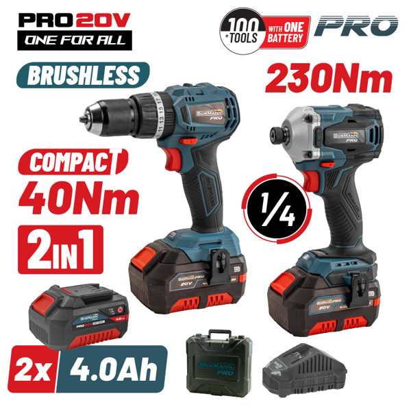Bormann pro Bbp5003 Bormann pro Bbp5003 σετ Δραπ/βιδο Κρουστικό Compact Brushless 20v & Παλμικό Κατσαβίδι & x2 Μπαταρίες 078661