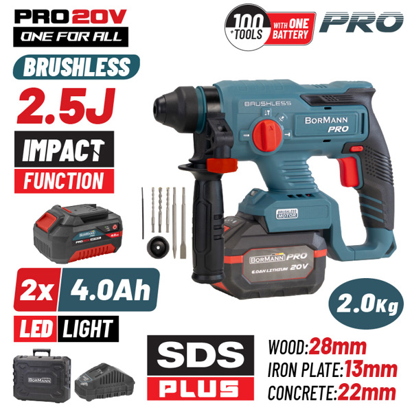 BORMANN Pro BBP5301X44CA Πνευματικό Σκαπτικό Μπαταρίας 20V,,2x4Ah,Brushless,2.5J,SDS-Plus & Βαλίτσα 084921