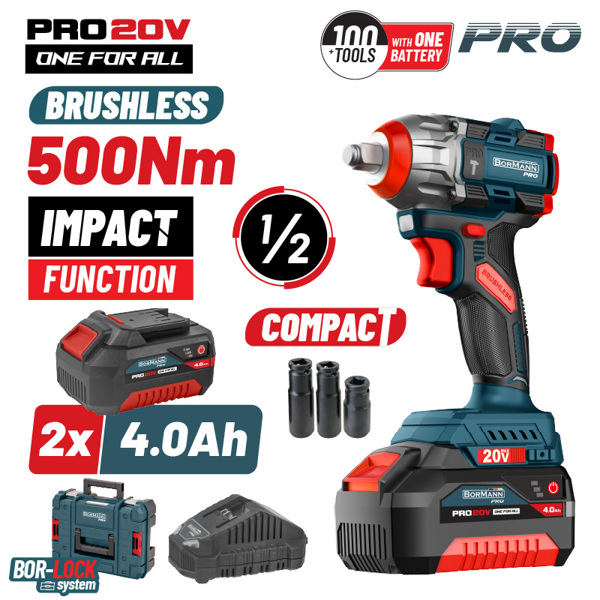 BORMANN Pro BBP5422X44CA Μπουλονόκλειδο Compact Brushless Mπαταρίας 20V Li-Ion,500Nm,2x4Αh,Βαλίτσα 083245