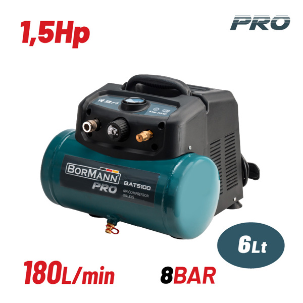 Bormann pro Bat5100 Bormann pro Bat5100 Αεροσυμπιεστής oil-Less 1.5hp/6lt 035541